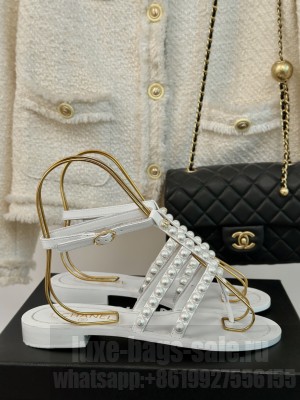 Chanel Lambskin With Pearl Flat Sandals White