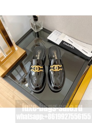 Chanel Patent Calfskin Flat Mules with Metal CC Black