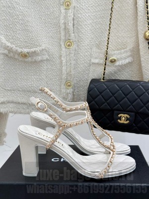 Chanel Lambskin Sandals 8.5cm with Chain and Heart G46109 white