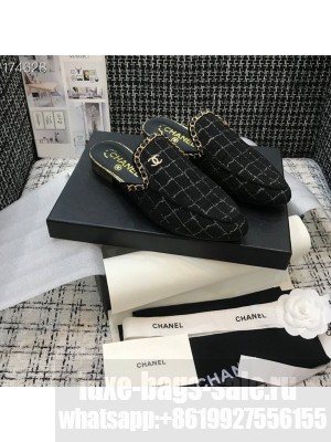 Chanel Chain Embellished Mules Tweed/Lambskin Leather Spring/Summer 2021 Collection, Black