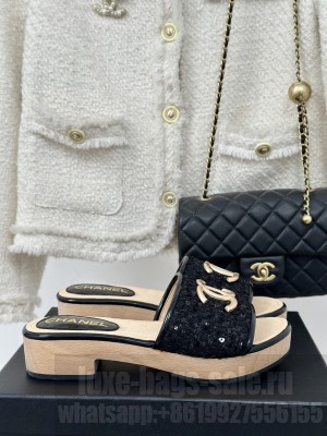 Chanel Calfskin Heel Slides Sandal 4cm with Camellia Bloom 012