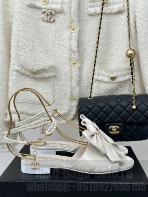 Chanel Lambskin Flat Sandals with Maxi Bow and Pearls White 2024 