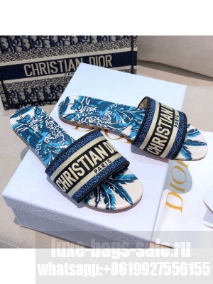 Dior Dway Flat Slide Sandals in Indigo Blue Palms Embroidered Cotton Spring/Summer 2021 Collection 38