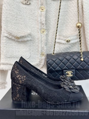 Chanel 6.5cm Mesh Lace Camellia Pumps Black