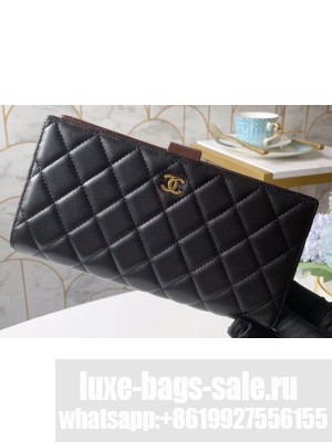 Chanel Classic Bi-fold Wallet Clutch Bag With Handle Strap A70525 Lambskin Black/Gold