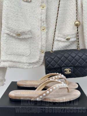 Chanel Thongs Velet & Imitation Pearls Beige 2025