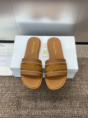 Dior Dway Slide Brown Calfskin and Embroidered Cotton With Pearls Flat 2025
