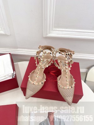 Valentino Garavani Rockstud leather and satin-trimmed crystal-embellished 65mm Sandals Beige
