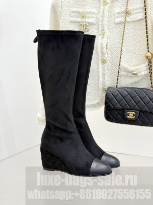 Chanel Wedge heel stretch boots 6.5cm suede black