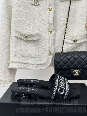 Chanel Crystals Flat Slide Sandals with Logo Band Black 2024