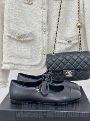 Chanel Lambskin & Patent Leather Mary Janes Ballet Flats with Knot Bow black 2025 G46149