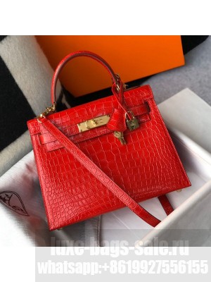 Hermes Kelly 25/28cm in Crocodile Embossed Calf Leather Red/Gold 2019 (Half Handmade) Collection