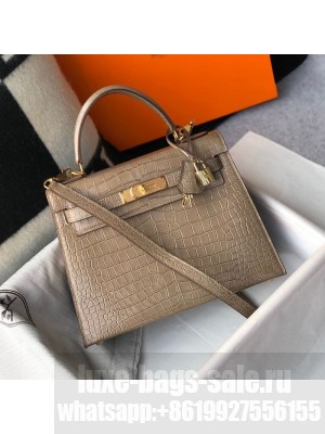 Hermes Kelly 25/28cm in Crocodile Embossed Calf Leather Dove Grey/Gold 2019 (Half Handmade) Collection