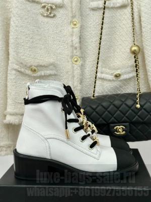 Chanel Calfskin leather Combat lace-up G45856 Ankle Boots White