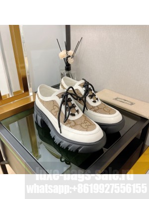 Gucci Women's Lug Sole Lace-up Loafers Beige Cavas