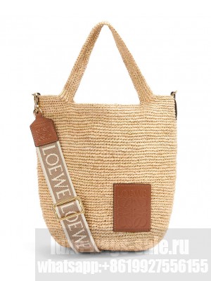 Loewe Mini Slit Bag In Raffia And Calfskin Coffee