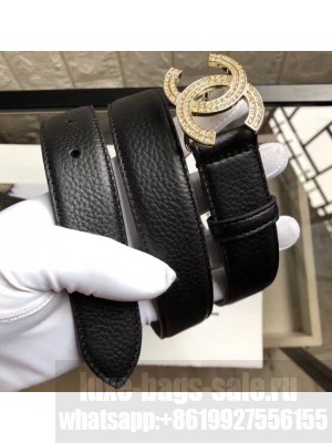 Chanel Width 3cm Crystal CC Logo Buckle Leather Belt Grained Black/Gold