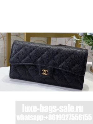 Chanel Classic Long Flap Wallet 30077 Grained Calfskin Black/Gold