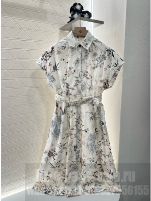 Christian Dior Mid-Length Belted Dress Beige Cotton and Linen Denim with Multicolor Millefiori Motif