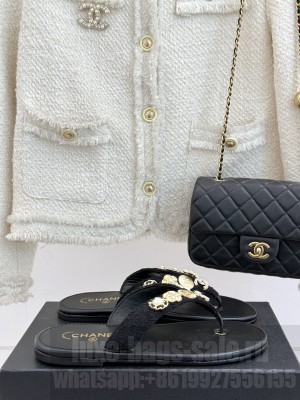 Chanel Tweed Flat Thong Slide Sandals with Charm Black2 2025 G46304
