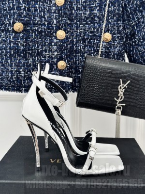 Versace Pin-Point Buckle High Heel Sandals 10.5cm in Patent Leather White