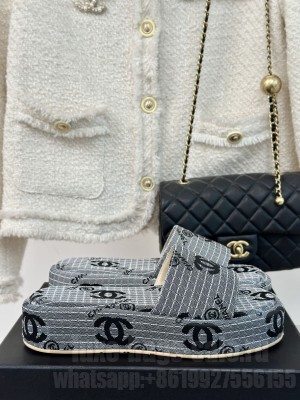 Chanel CC Denim Platform Slides Sandal 4cm Grey 2024