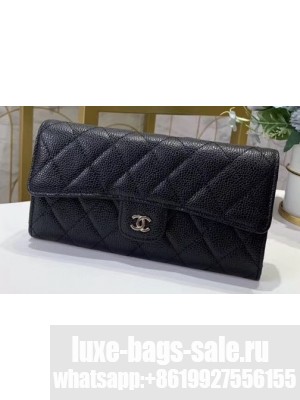 Chanel Classic Long Flap Wallet 30077 Grained Calfskin Black/Silver