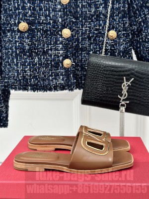 Valentino Garavani VLogo cut-out slide sandal in calfskin leather brown