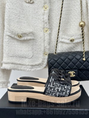 Chanel Calfskin Heel Slides Sandal 4cm with Camellia Bloom 014