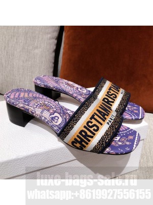 Dior Dway Embroidered Cotton Heel Slide Sandals 5cm Purple/Beige Spring/Summer 2021 Collection