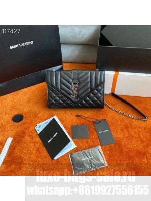 SAINT LAURENT MONOGRAM CHAIN WALLET IN MIX MATELASSE GRAIN DE POUDRE EMBOSSED LEATHER 526286 BLACK&SILVER