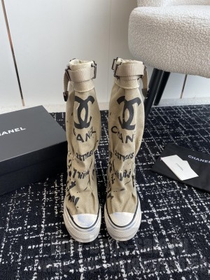 Chanel Graffiti Canvas High Boots Beige