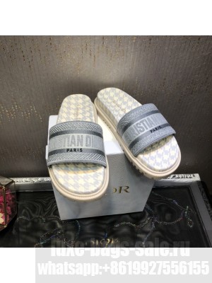 Dior Dway Slide Sandals in Grey Cotton Embroidery with Micro Houndstooth 2022 Collection
