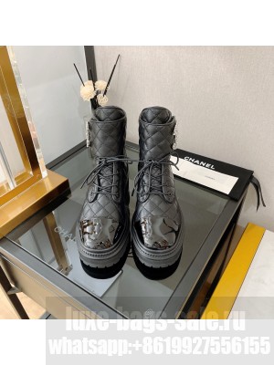 Chanel Lambskin Leather Lace-ups Ankle Boots Black