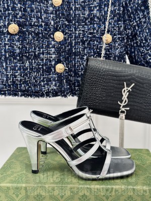 Gucci Slim Horsebit Leather Heel Slide Sandals Silver
