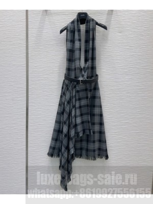 Christian Dior Women's Plaid Mid-length Draped Dress Black