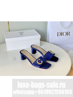 Dior C'est Dior Heeled Slide Sandals 4.5cm in Velvet with CD Letters 2023 Blue