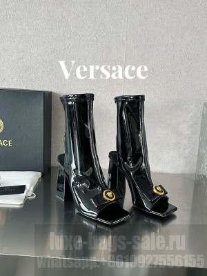 Versace Gianni Ribbon Open Ankle Boots 10.5cm in Strentch Patent Leather Black