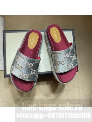 Gucci Velvet GG Platform Slide Sandal 573018 Silver/Fuchsia 2021 Collection
