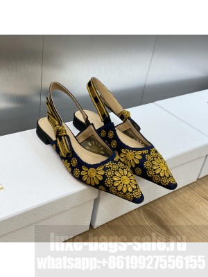 Dior J'Adior Slingback Flat in Navy Blue and Yellow Canvas Embroidered with Saint-Gall Motif 2023