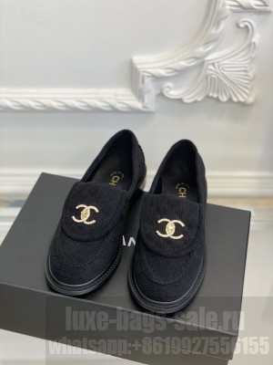 Chanel Fabric Loafers with Crystal CC Foldover Black 2023 
