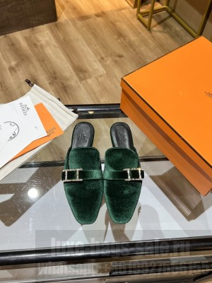 Hermes Velvet Buckle Flat Slide Sandals Green 2022 Collection