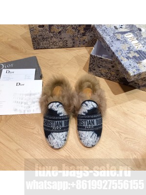 DIOR OFF MULE Multicolor Embroidered Cotton Fur Flat Slippers 05