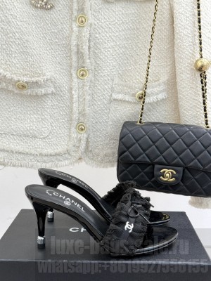 Chanel Beige Fabric Trim Bow Slide Sandals heel 8cm 2025 Black