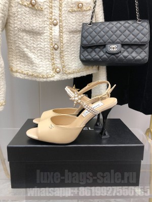 Chanel Lambskin  with Pearl and Star Charm 8cm Beige Sandals Spring 2022 Collection