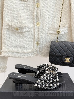 Chanel Tweed & Pearls Heel Slides Mule Black 2025 