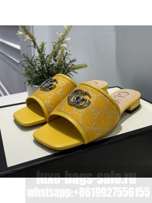 Gucci GG Silver Lamé Canvas Slide Sandals Yellow 2021 Collection