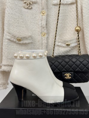 Chanel Lambskin & Grosgrain,Imitation Pearls 7cm Ankle Boots Cream 2024