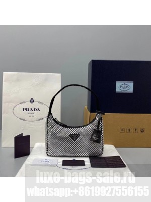 Prada Crystal Hobo Bag 22cm 6641 Nylon Leather Cruise 2021 Collection,  Black