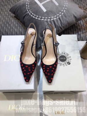 Dior J'Adior Slingback Pumps 6.5cm in Navy Blue and Red Hearts I Love Paris Embroidered Cotton 2021 2021 Collection 